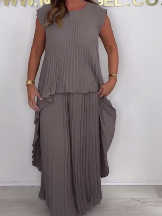 Set of pleated short-sleeved irregular midi top and wide-leg trousers with elasticated waist