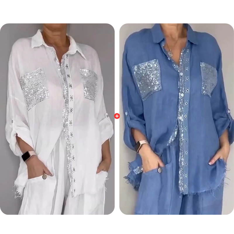 ✨👗Conjunto de camisa com lantejoulas e calças largas para mulher