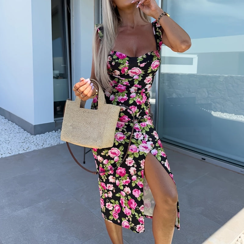 Women's Elegant Floral Print Side Slit Dress