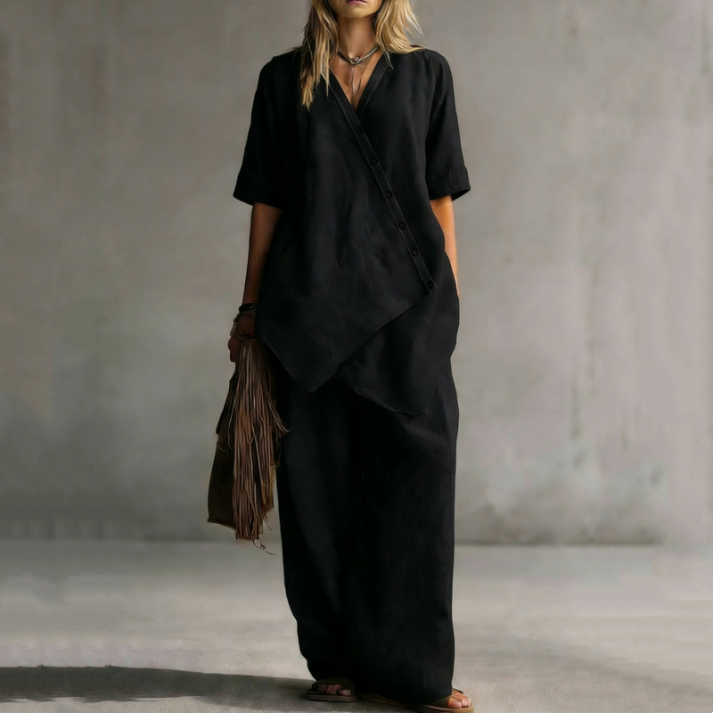 ✨👗Conjunto de top assimétrico e calças largas para mulher