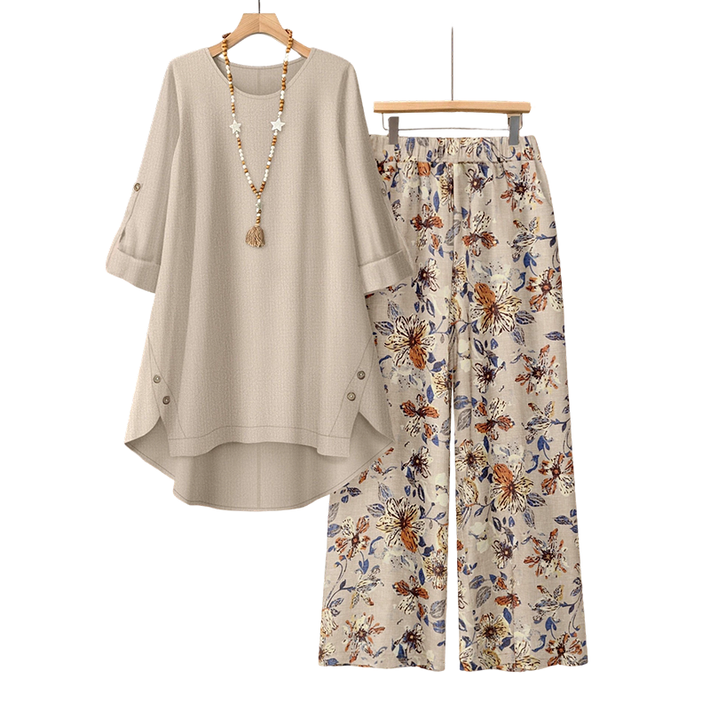 ✨👗Conjunto de blusa de manga curta e calças em algodão e linho para mulher
