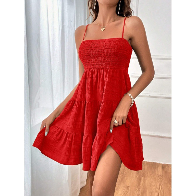 ✨👗Mini-vestido feminino com franzido e camadas – alças ajustáveis, peito elástico e corte em A arejado ✨