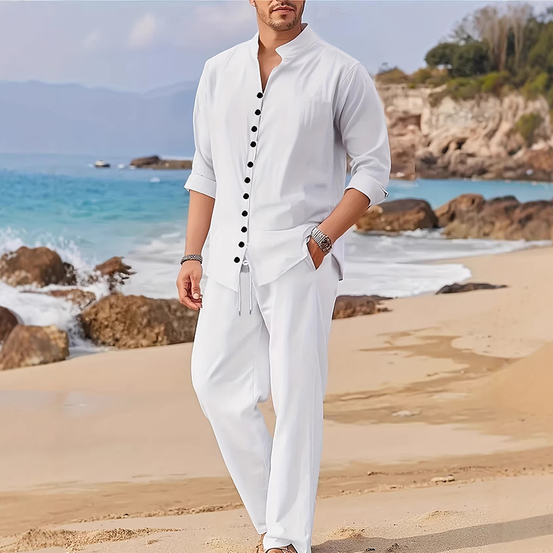Conjunto minimalista de camisa e calças casuais para homem