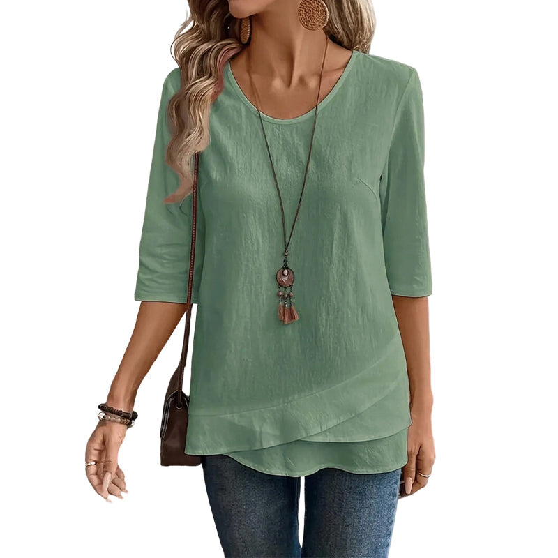 Top casual assimétrico de gola redonda a cores sólidas para mulher