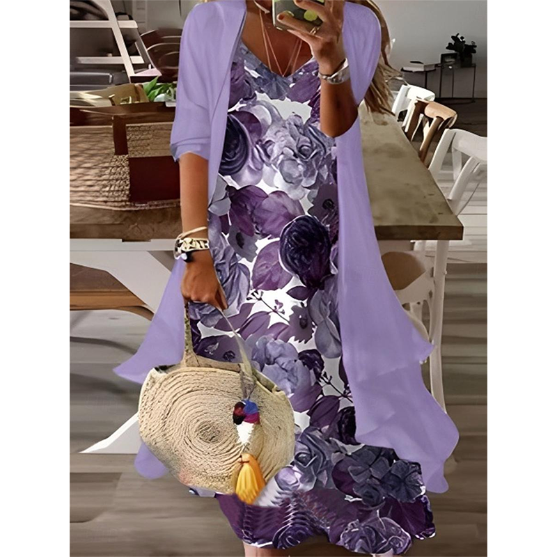 ✨👗Conjunto de vestido feminino esvoaçante estampado com sobrevestido