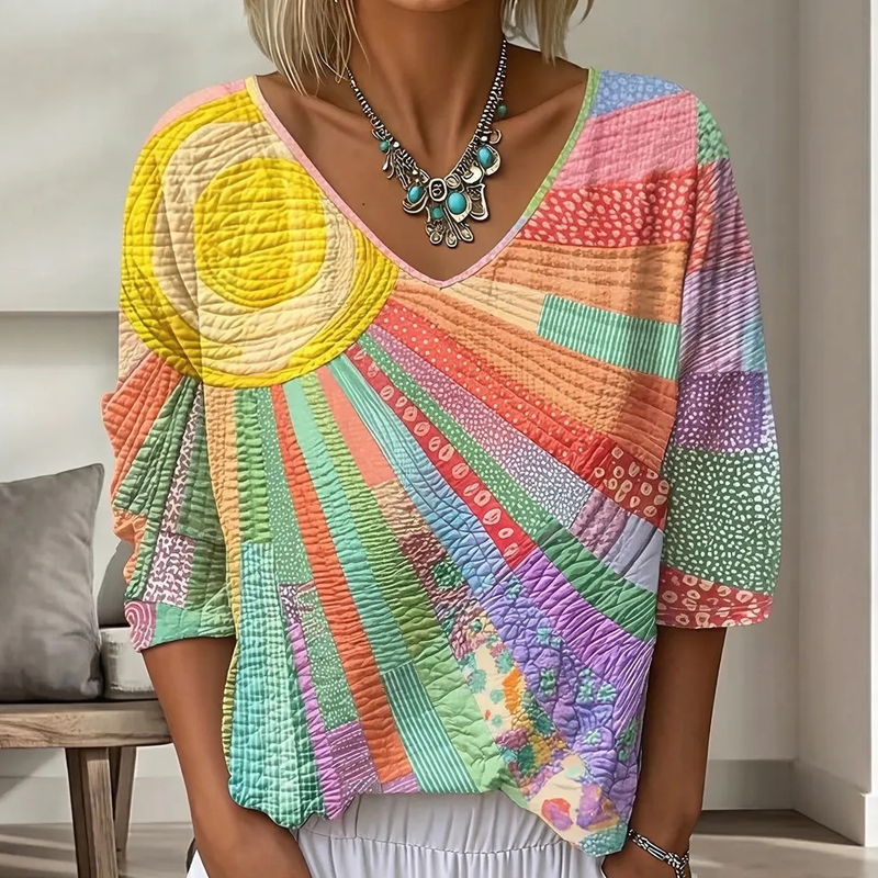 ✨👚Blusa feminina retro com decote em V e padrão patchwork