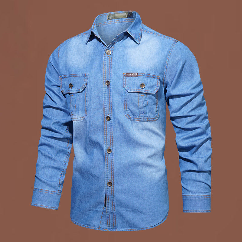 Camisa casual de ganga de manga comprida para homem