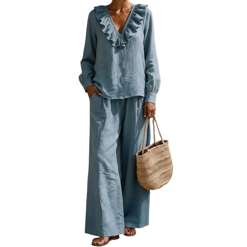 🌸💖Conjunto de duas peças para mulher, estilo resort, com decote em V: blusa larga de manga comprida e calças de perna larga