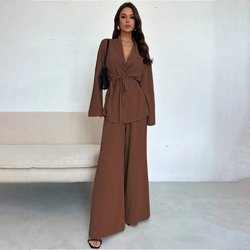 ✨👗Conjunto de 2 peças para mulher: top elegante com decote em V e calças de perna larga