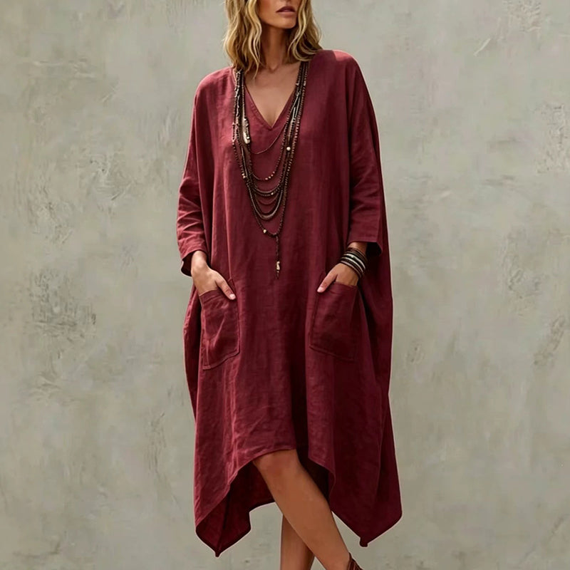 ✨👗Vestido feminino largo com decote em V e corte assimétrico