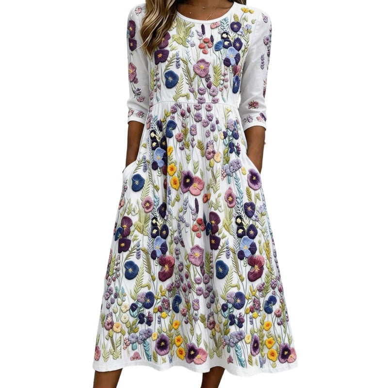 ✨👗Vestido midi feminino com manga 3/4, estampado floral e bolsos