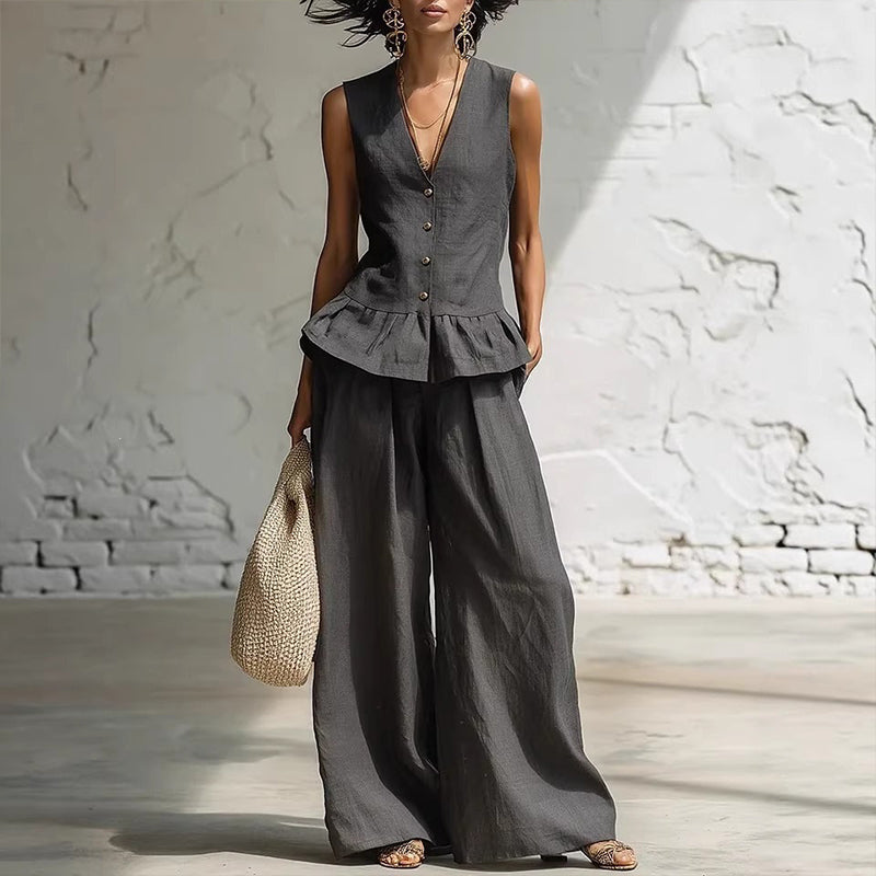 ✨👗Conjunto de top com peplum e calças de perna larga para mulher