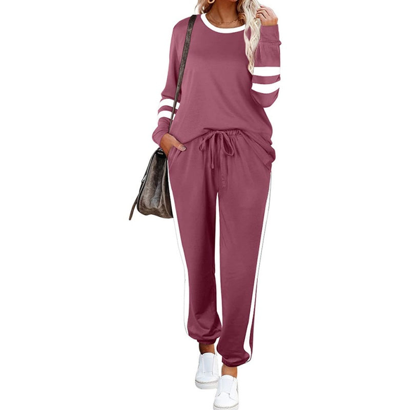 ✨👗Fato de treino feminino de duas peças com gola redonda e blocos de cor