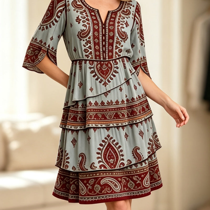 ✨👗Vestido feminino de estilo boémio com decote em V e camadas de folhos