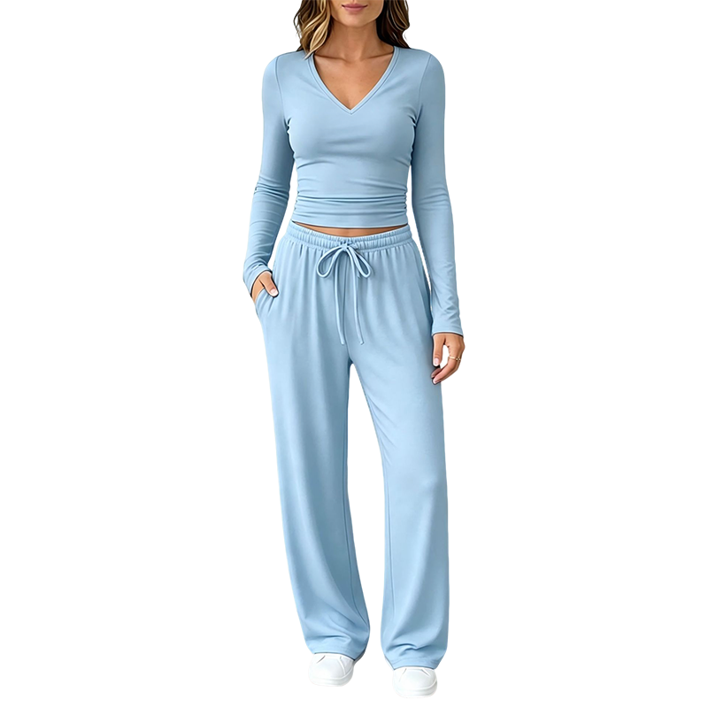 ✨👗Conjunto de camisola de manga comprida com decote em V e calças largas para mulher