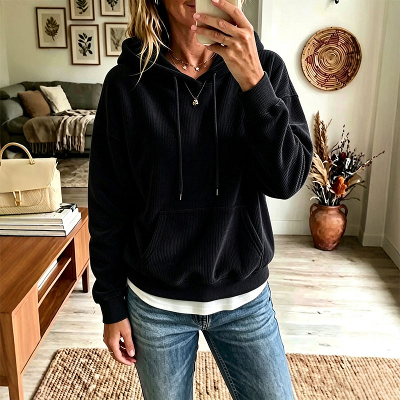 ✨👚Camisola com capuz e bolsos em veludo cotelê para mulher