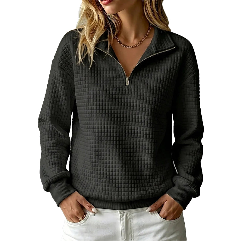 ✨👚Camisola feminina acolchoada com padrão quadriculado e fecho de correr parcial