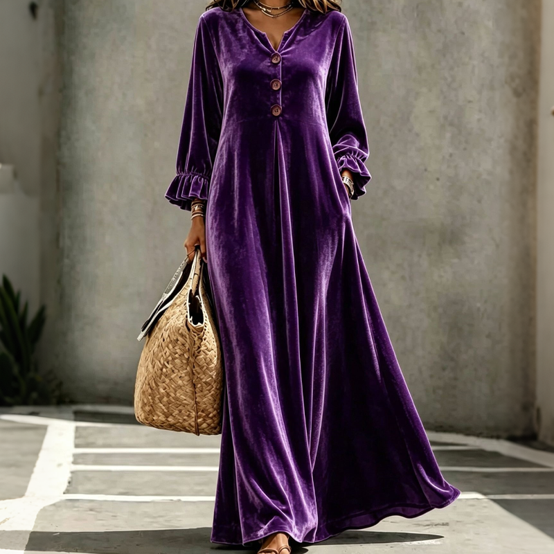 ✨👗Vestido longo de veludo elegante para mulher com manga de folho