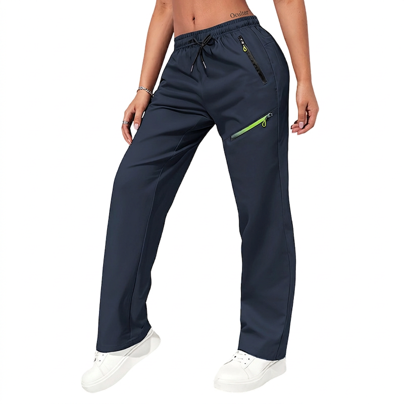 Calças esportivas casuais femininas com bolsos com zíper