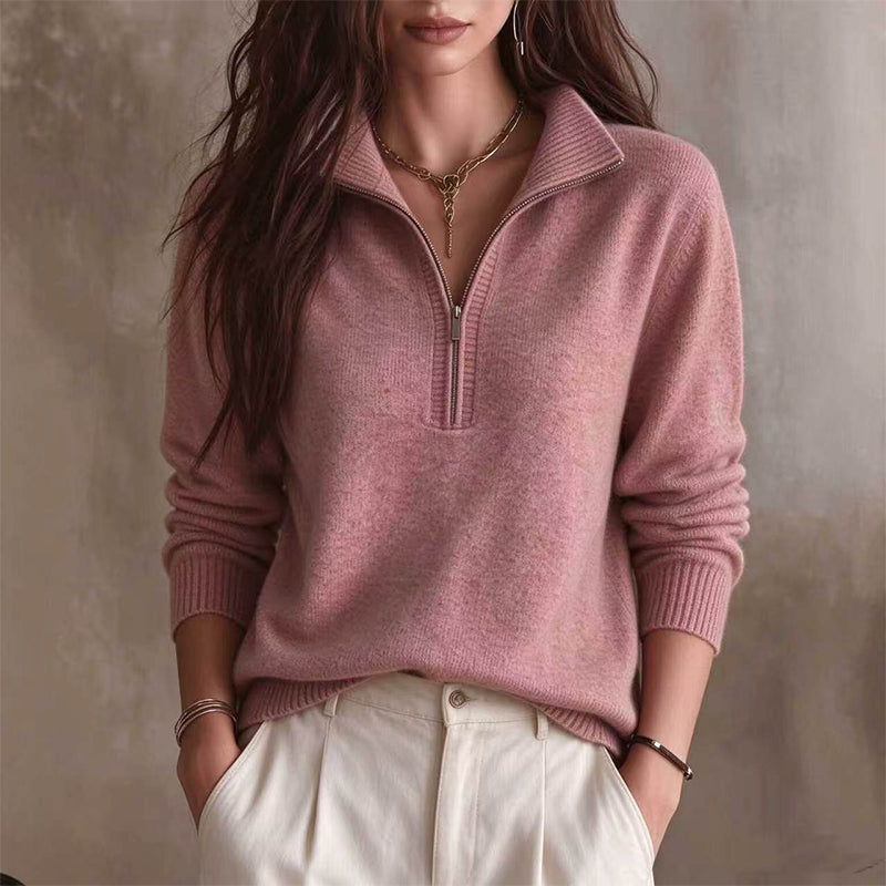 Suéter casual de cor sólida para mulheres com meio zíper