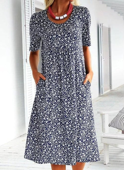 💫💛Vestido feminino casual com decote redondo e padrão floral (8 cores, com bolsos)