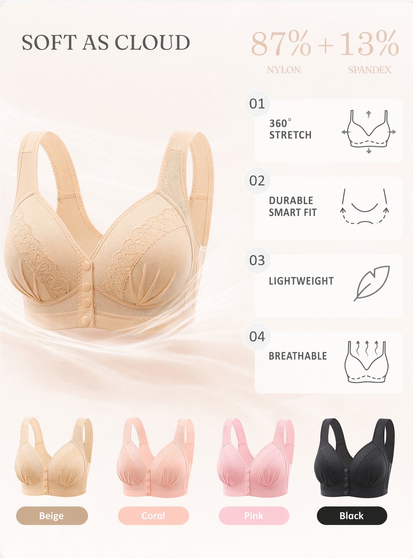 💘Sutiã de algodão com botões à frente CloudComfort™ – Respirável • Sem aros • Apoio durante todo o dia • Sem enchimento e suave para a pele 🌿