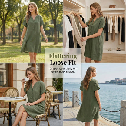 ✨👗Vestido túnica feminino com decote em V – Corte descontraído, bolsos e tecido respirável
