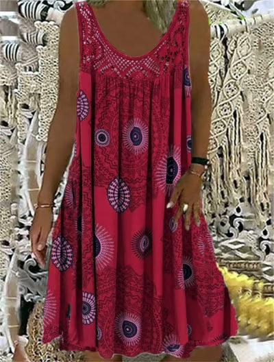 ✨👗Vestido de verão feminino sem mangas, com gola redonda e estampado