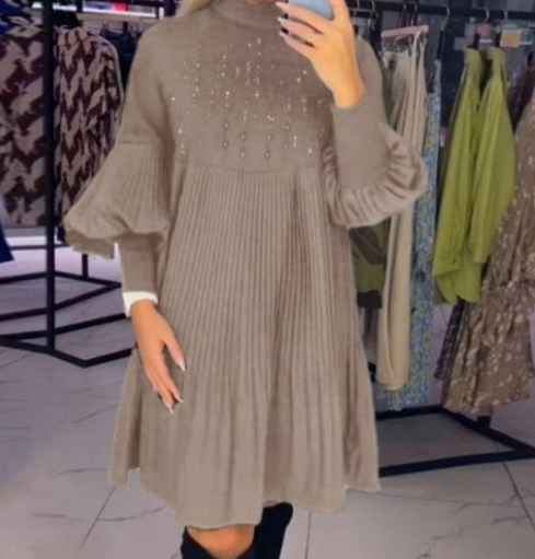 Vestido Plus Size con Mangas Farol y Cuello Alto para Mujer