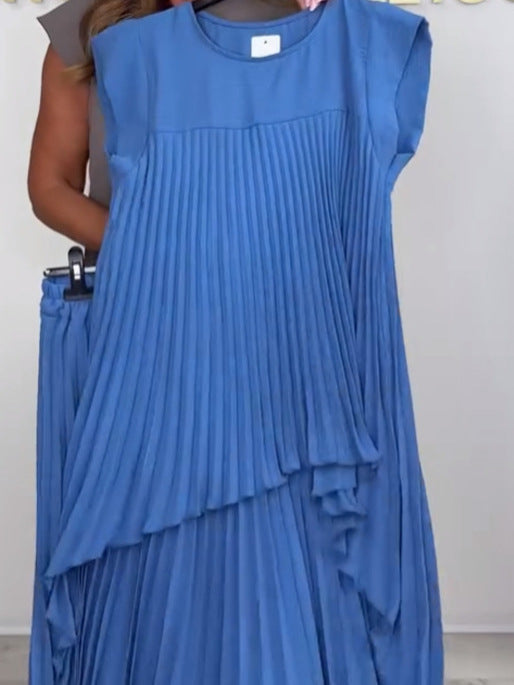 Set of pleated short-sleeved irregular midi top and wide-leg trousers with elasticated waist