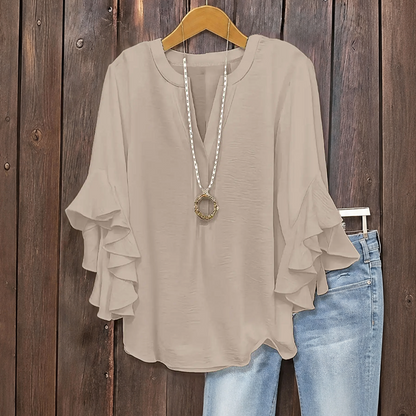 ✨👚Camisa feminina com decote em V e mangas com folhos