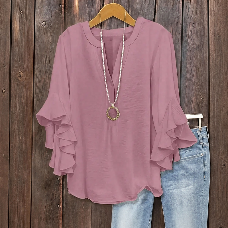 ✨👚Camisa feminina com decote em V e mangas com folhos