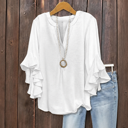 ✨👚Camisa feminina com decote em V e mangas com folhos
