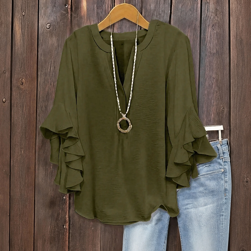 ✨👚Camisa feminina com decote em V e mangas com folhos