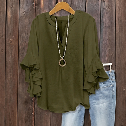 ✨👚Camisa feminina com decote em V e mangas com folhos