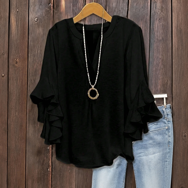✨👚Camisa feminina com decote em V e mangas com folhos