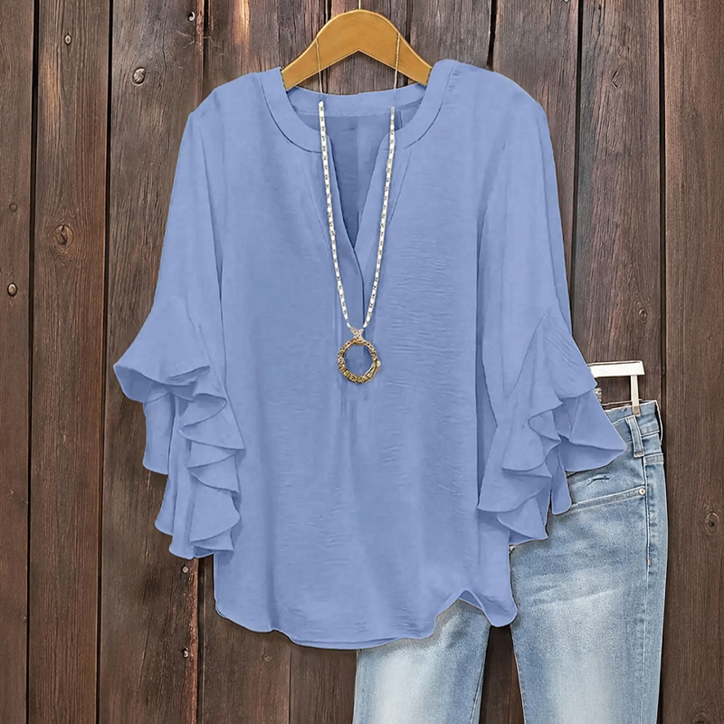 ✨👚Camisa feminina com decote em V e mangas com folhos