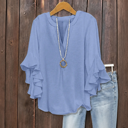 ✨👚Camisa feminina com decote em V e mangas com folhos