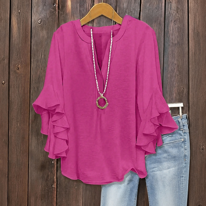 ✨👚Camisa feminina com decote em V e mangas com folhos