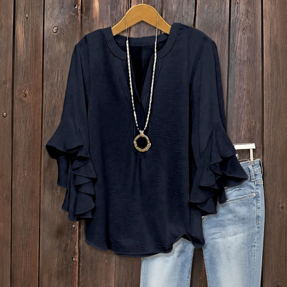 ✨👚Camisa feminina com decote em V e mangas com folhos