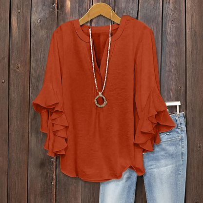 ✨👚Camisa feminina com decote em V e mangas com folhos