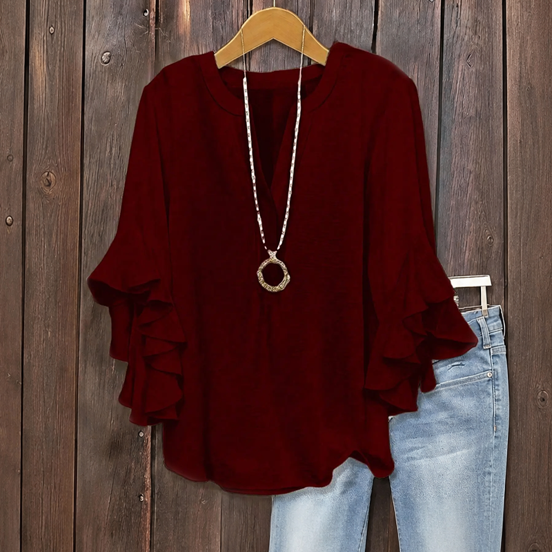 ✨👚Camisa feminina com decote em V e mangas com folhos