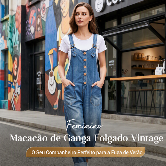 ✨👗 Macacão de ganga largo com alças ajustáveis – Corte descontraído e bolsos fundos para um conforto diário