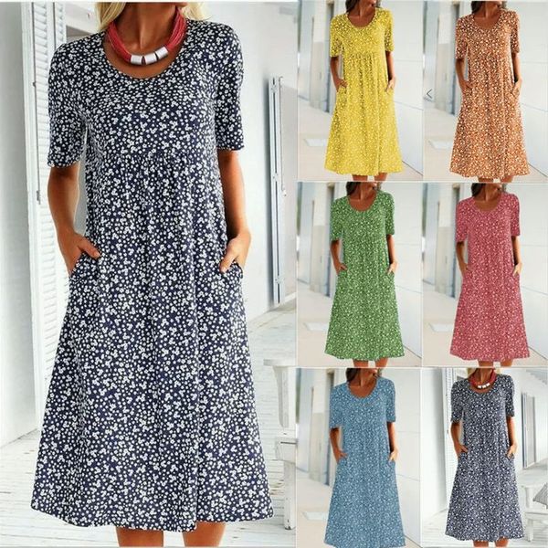 💫💛Vestido feminino casual com decote redondo e padrão floral (8 cores, com bolsos)