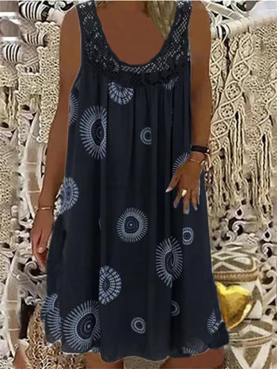 ✨👗Vestido de verão feminino sem mangas, com gola redonda e estampado