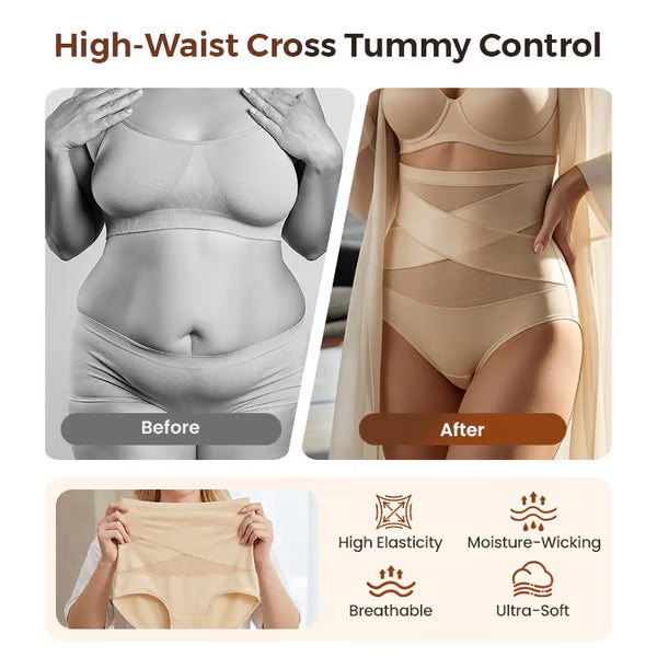 Cuecas de controlo abdominal com cintura alta e corte cruzado, tamanho grande