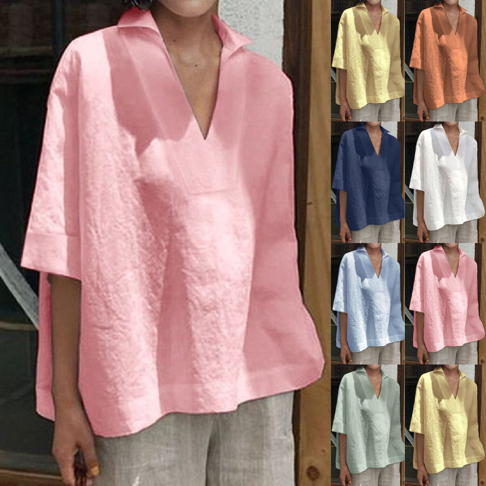 Camisa Suelta de Algodón y Lino para Mujer con Cuello en V