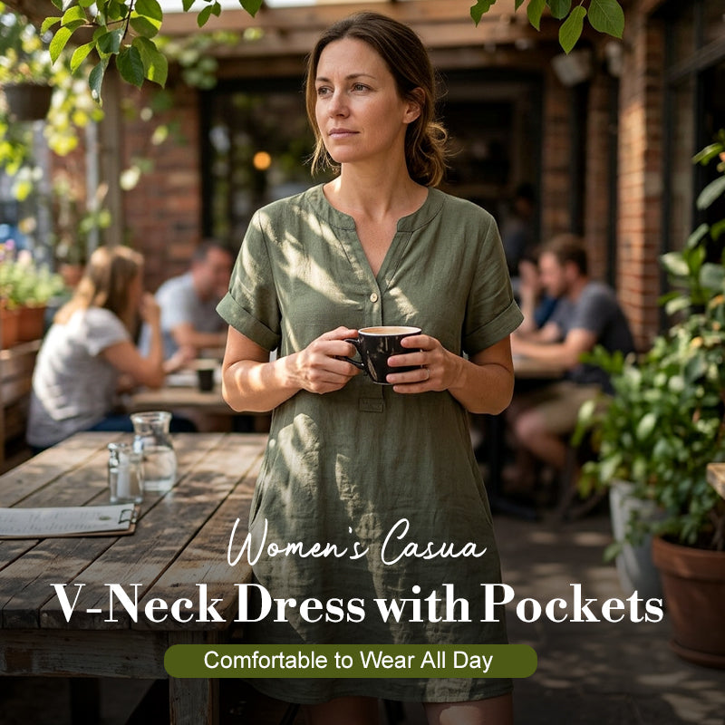 ✨👗Vestido túnica feminino com decote em V – Corte descontraído, bolsos e tecido respirável