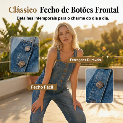 ✨👗 Macacão de ganga largo com alças ajustáveis – Corte descontraído e bolsos fundos para um conforto diário