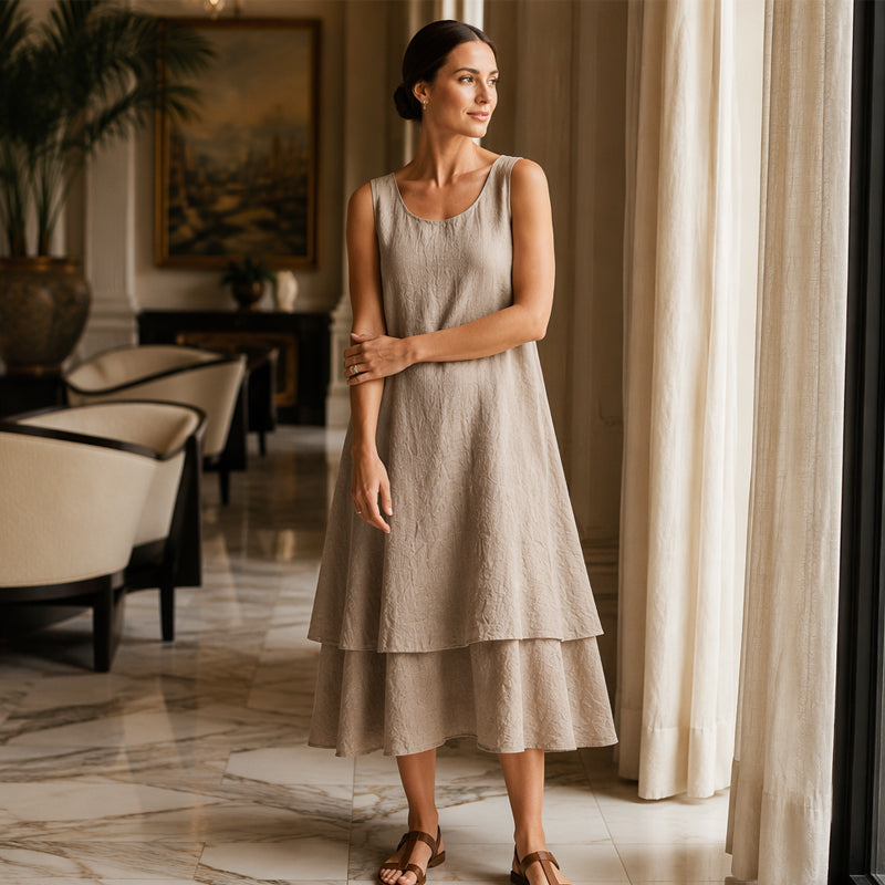✨💕 Vestido sem mangas de dupla camada – Elegância natural e um look moderno em camadas para o dia a dia